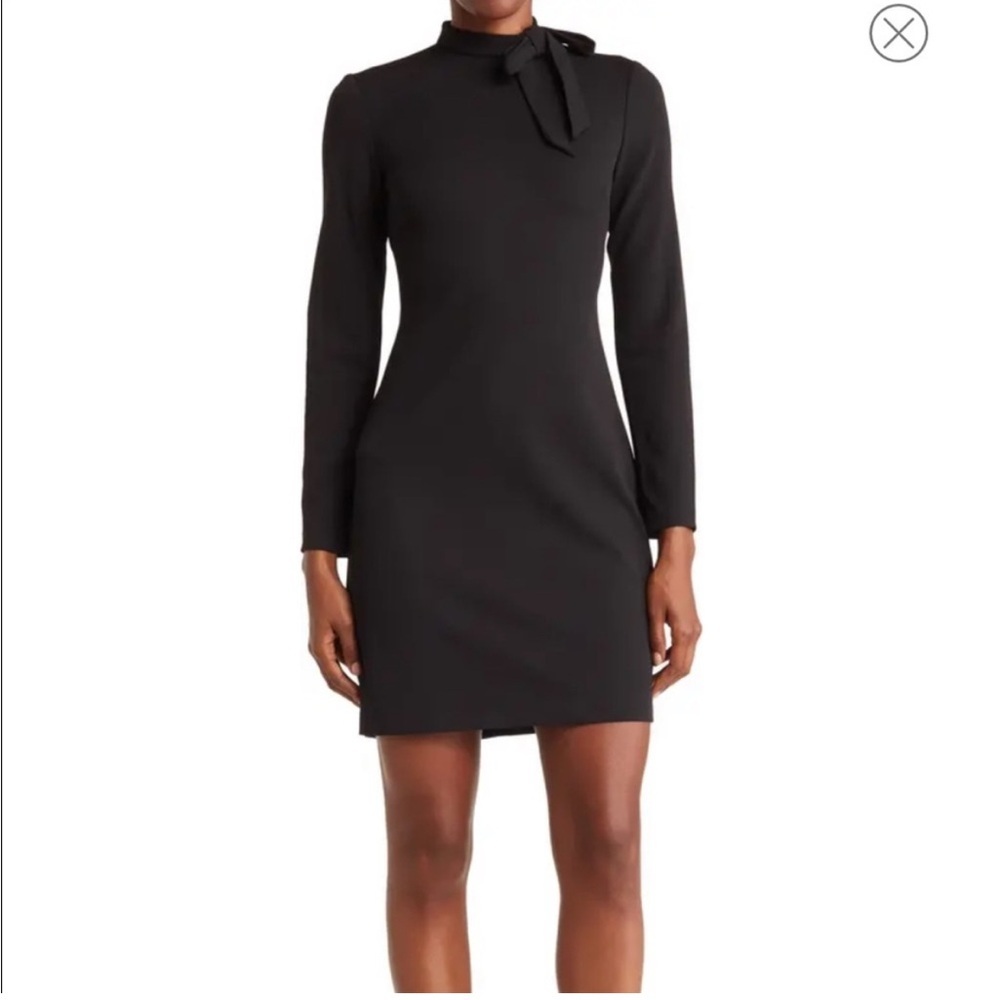 Calvin Klein Black Long Sleeve High Neck Shift Dress with Faux Tie at Neck Sz 4